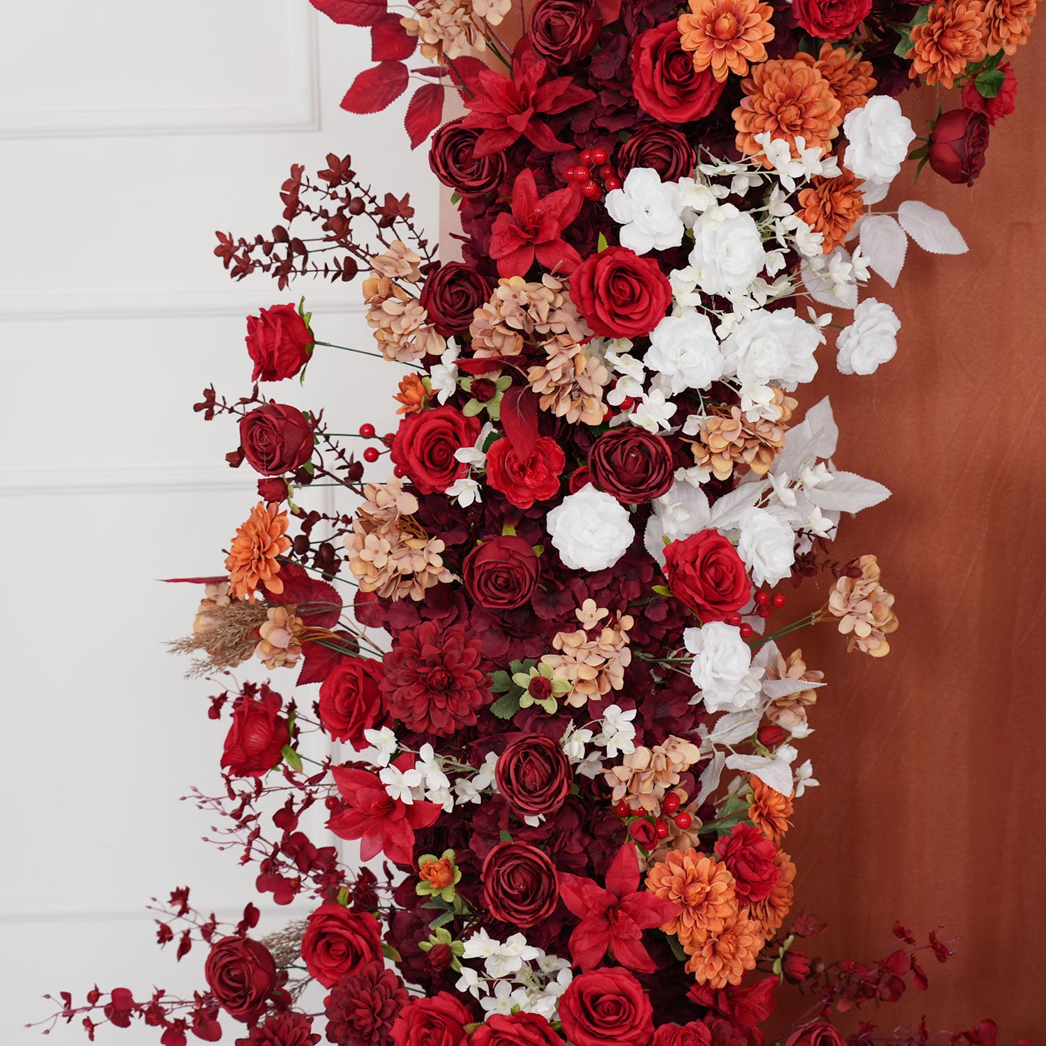 Uflower Autumn Red Rose Floral Arrangement Horn Arch Wedding Backdrop Decor